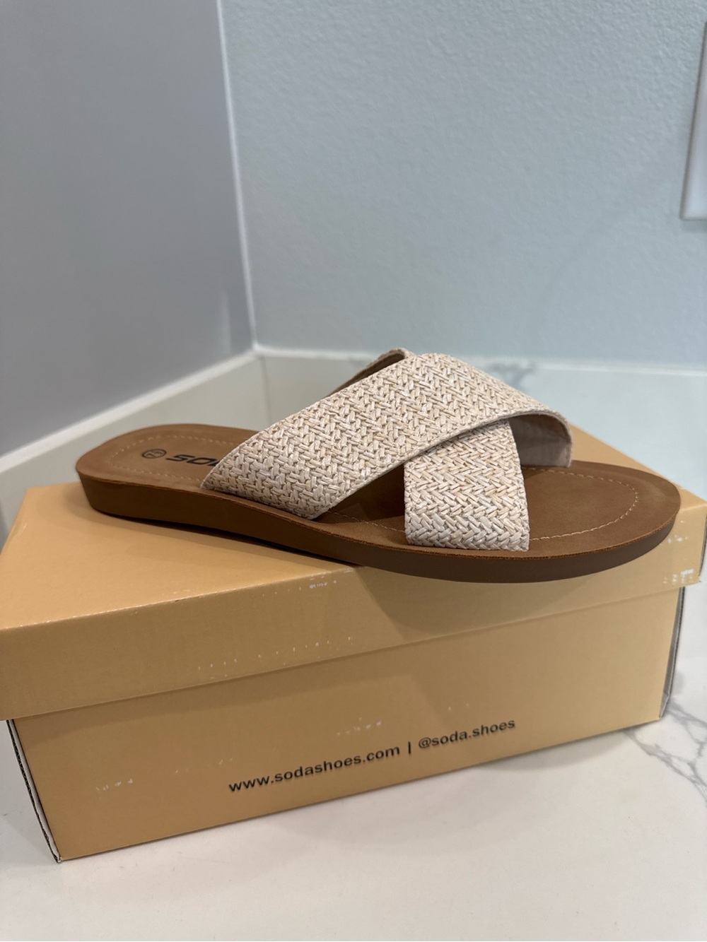 Soda Women’s Woven Crossband Sandal in Natural
